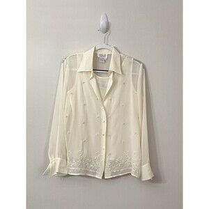 Vintage 90s Tess Button-Up Cream 2 Piece Set Blouse Shirt Long Sleeve Top Size M